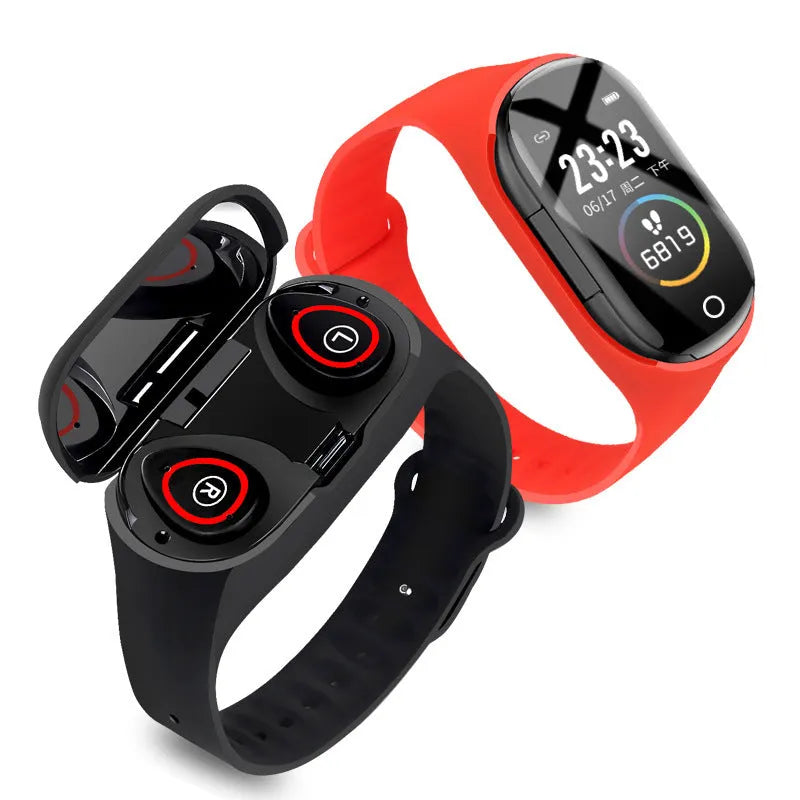 Smart bracelet and earphone combo in black, blue, or red with a 1-inch screen on a silicone wristband.