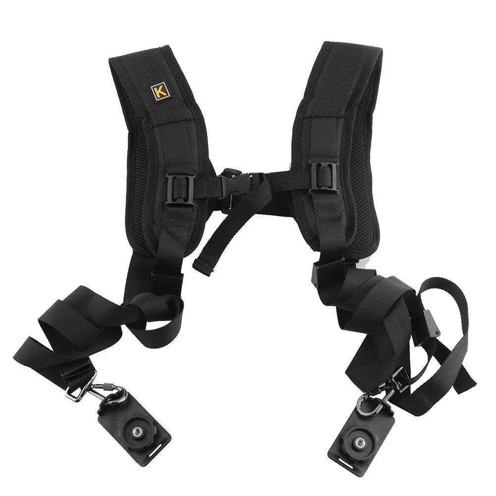 Black professional dual shoulder strap for two SLR cameras, showing nylon construction and padded shoulders.