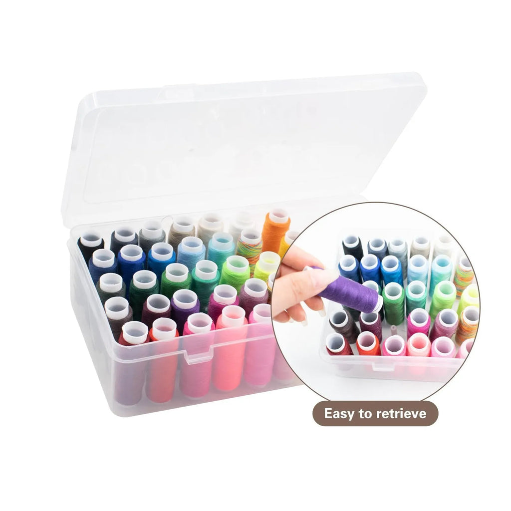 Plastic sewing kit storage box with 42 compartments shown in transparent, pink, and blue colour options.