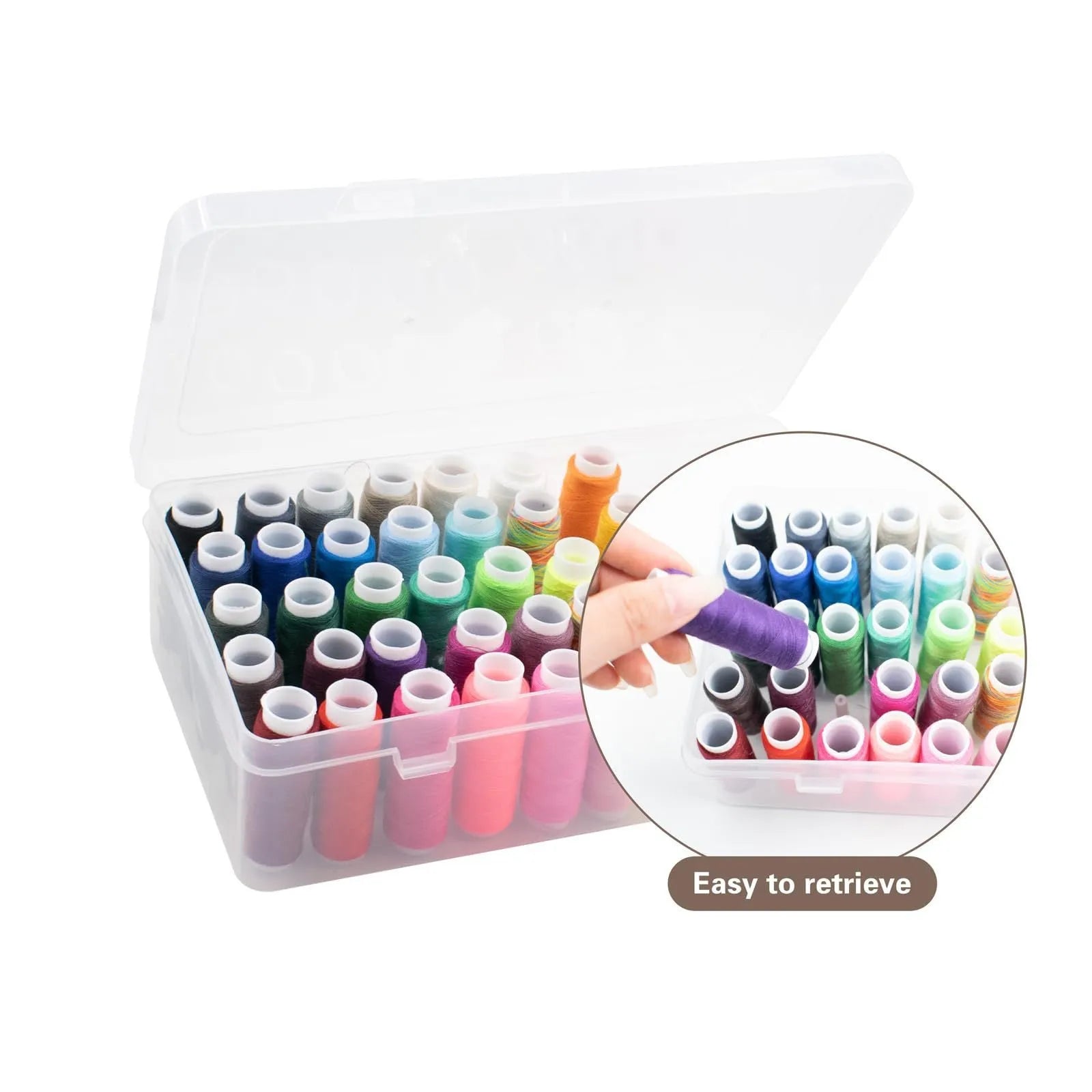 Plastic sewing kit storage box with 42 compartments shown in transparent, pink, and blue colour options.
