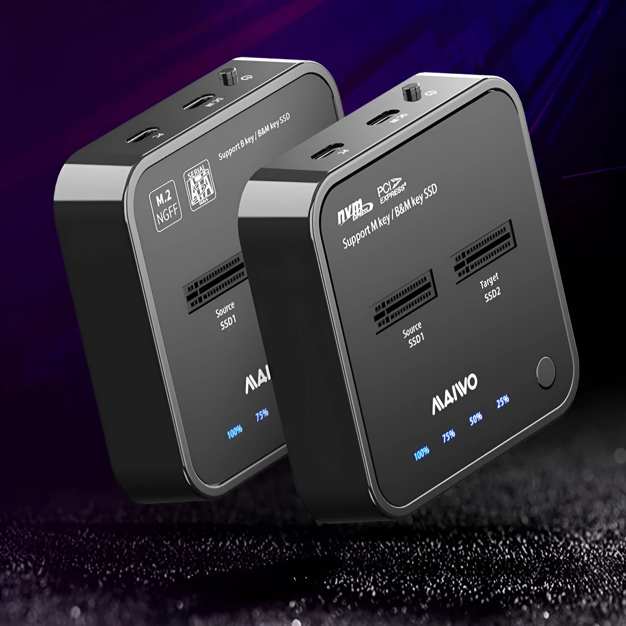 MAIWO K3016 M.2 SSD hard disk docking station with data cables and power adapter on a table.