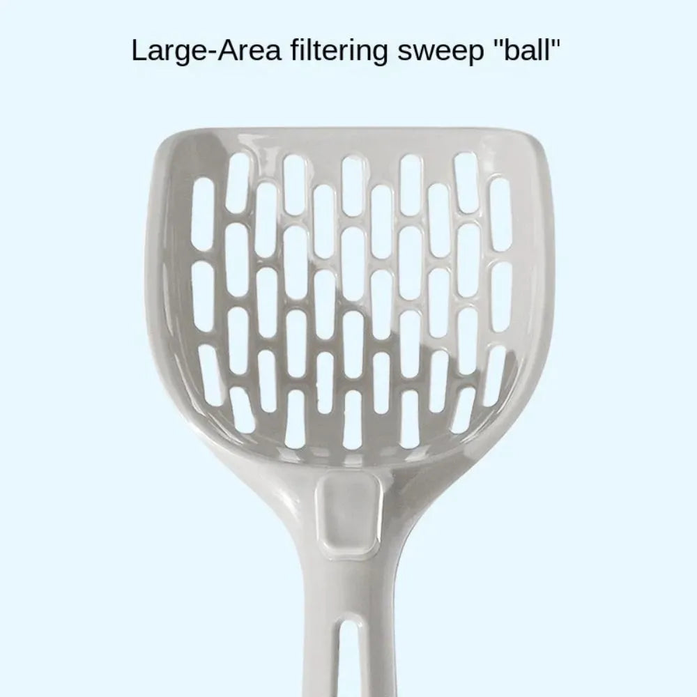 Grey plastic cat litter scoop with drainage holes resting on matching base unit
