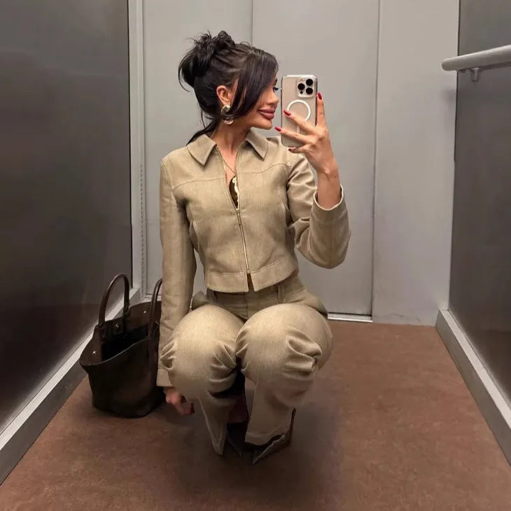 Women's herringbone pattern casual suit set with long sleeve coat and straight-leg trousers featuring 3D embroidery detail