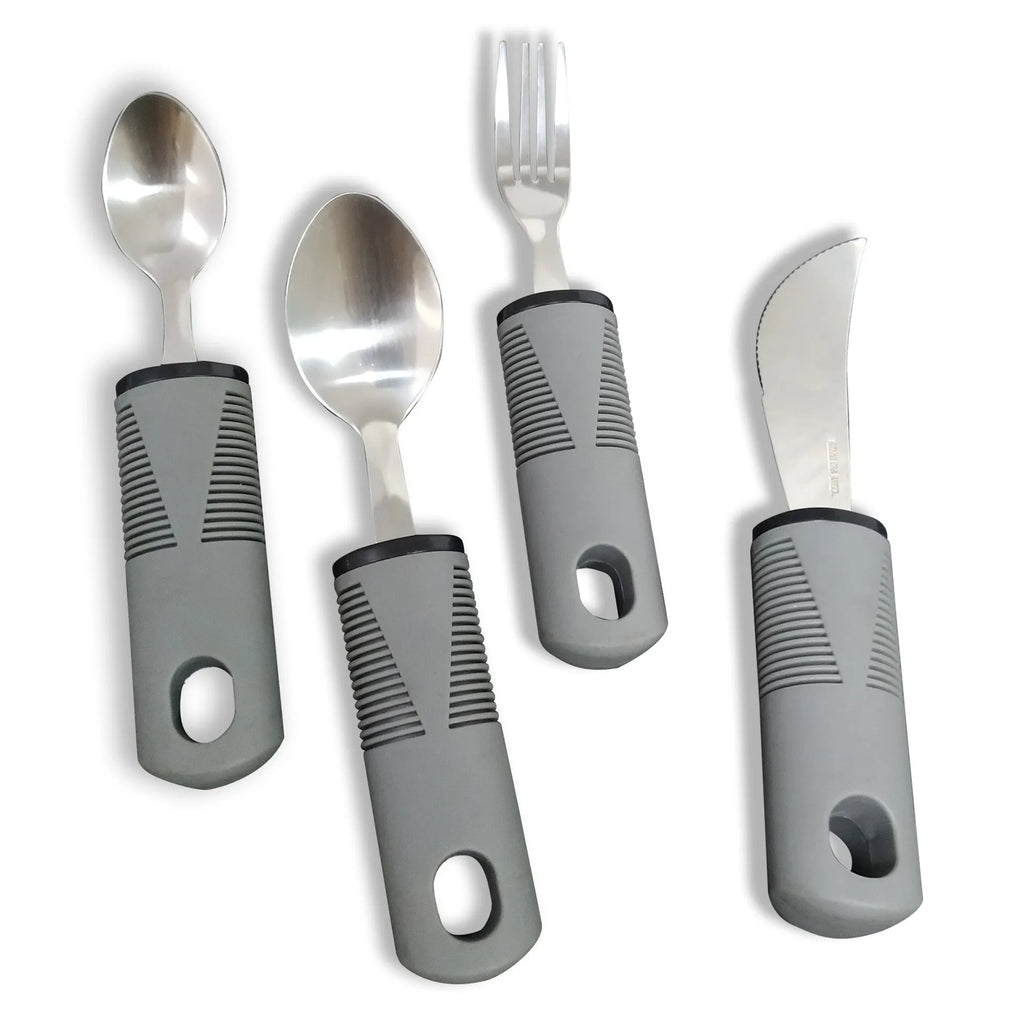 Stainless steel adaptive eating utensils with rubber handles in black and grey colour options
