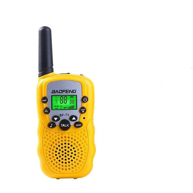 Child holding colourful walkie talkie with antenna extended, showing 22-channel display