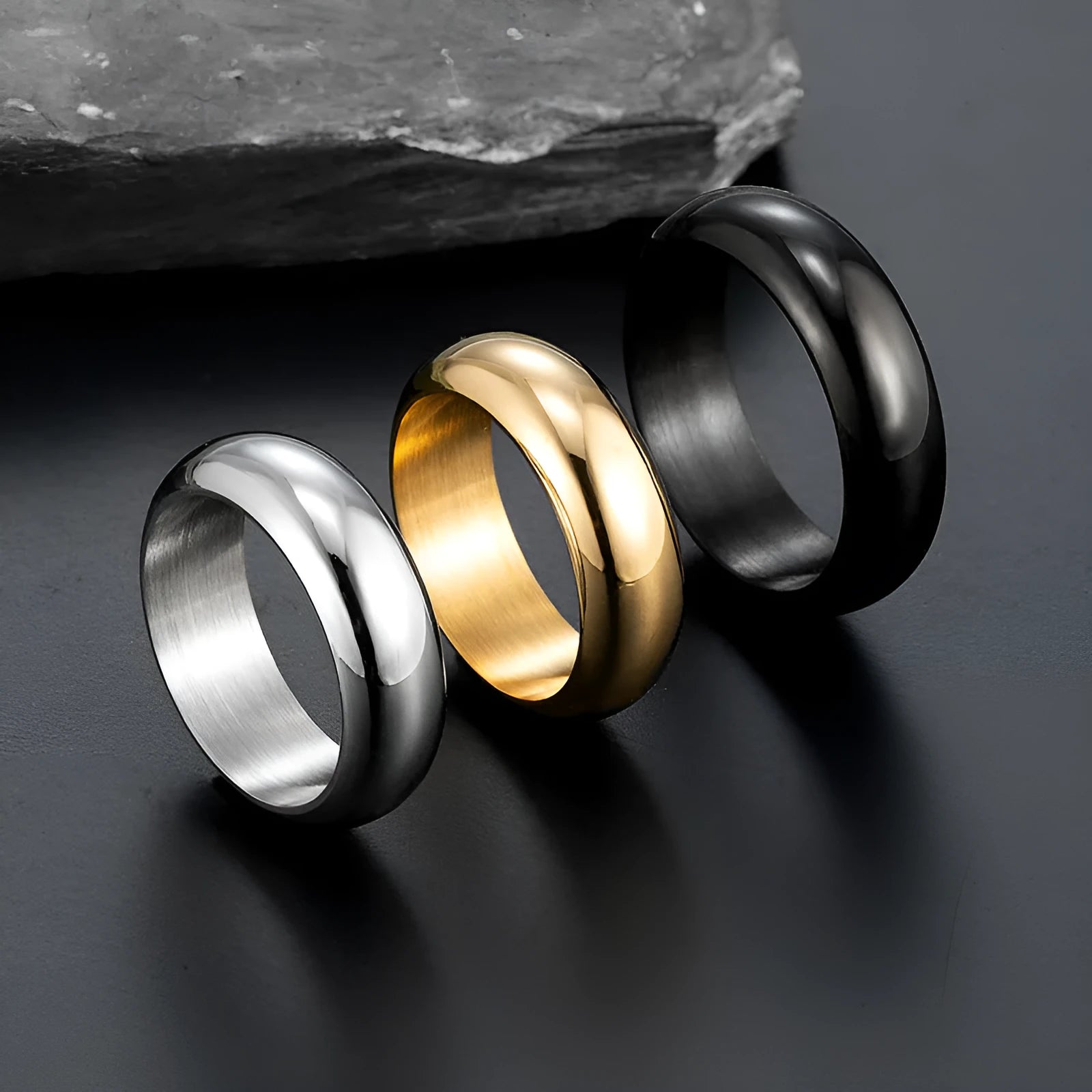 Glossy electroplated titanium steel ring in gold, black or steel colour