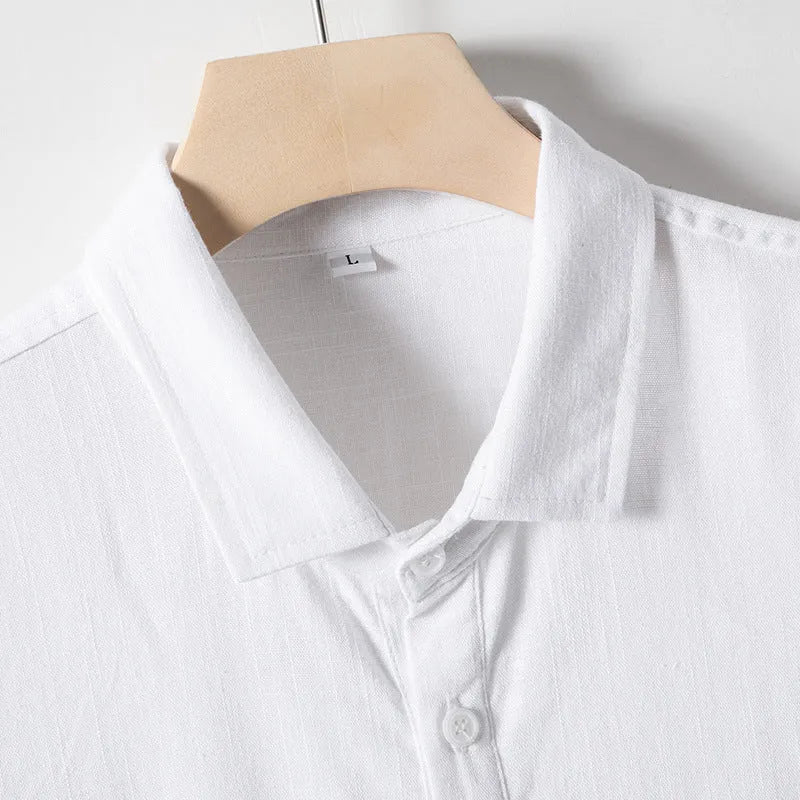 Men's loose lapel linen T-shirt in a hemp blend fabric, shown in a solid colour.