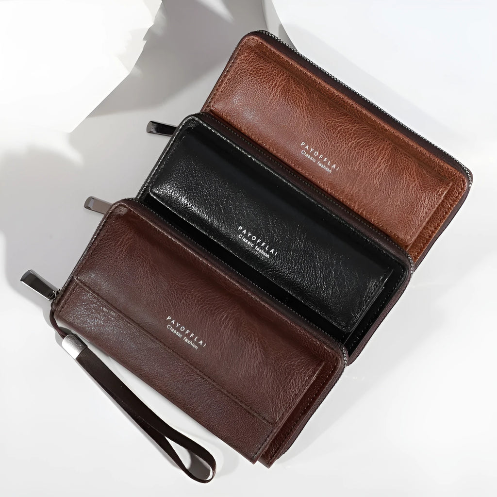Men's black PU leather long wallet with multiple card slots showing dimensions