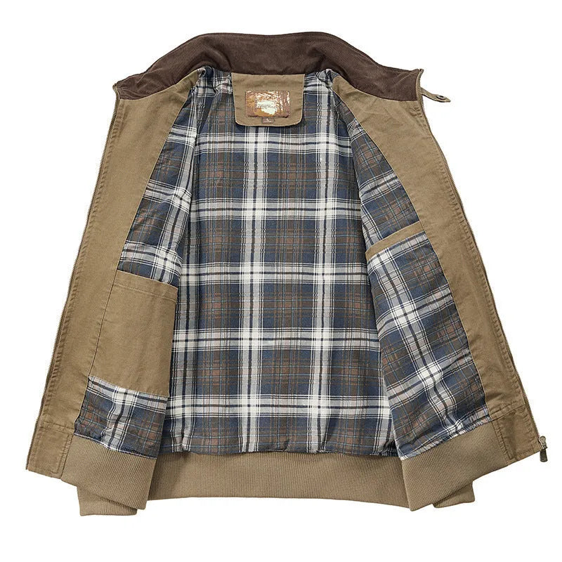 Men's camel coloured washed cotton baseball flight jacket on a hanger