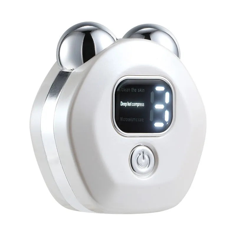 Portable white micro current facial massage instrument with two silver rollers and a USB charging cable