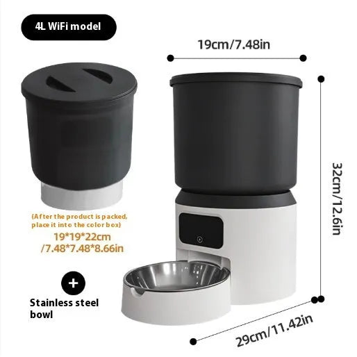 4L smart pet feeder with control panel, food hopper, and optional stainless steel bowl for cats and dogs.