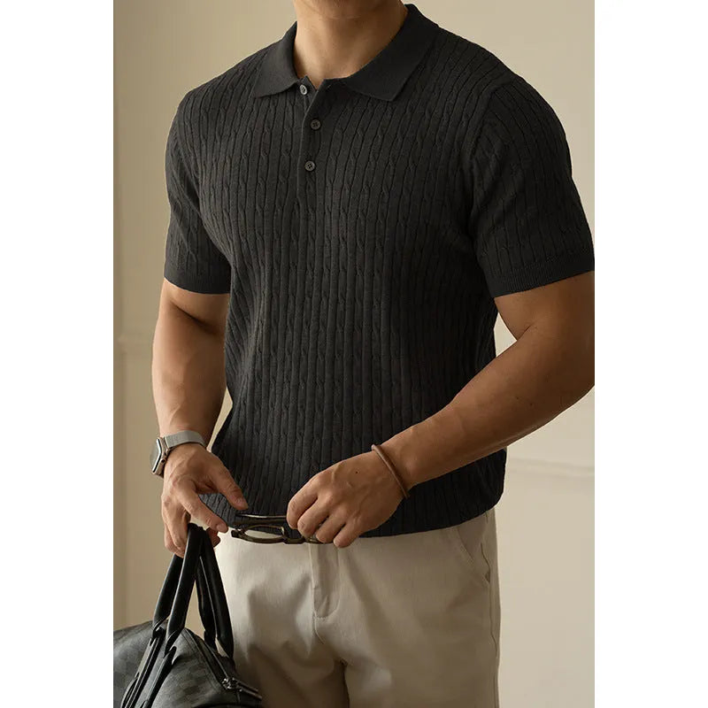 Men's khaki short sleeve business-casual top for office and commute wear.