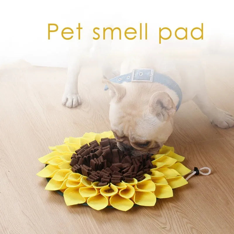 Yellow sunflower snuffle mat for dog feeding and nosework training games