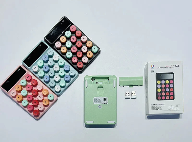 Q3 wireless digital keyboard in macaron colours including mixed black, toner, bright green, and blue options