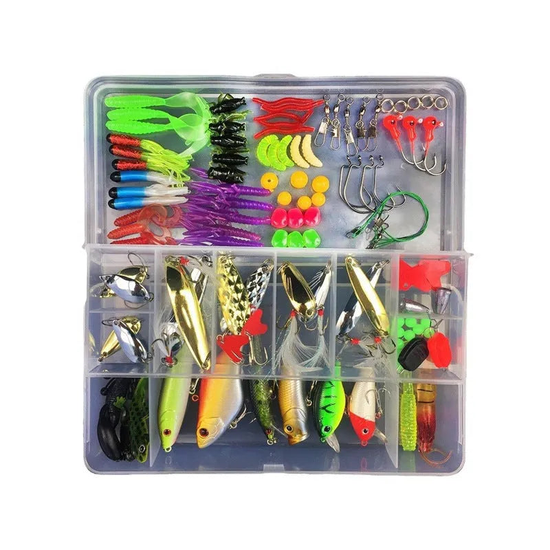 Junior fishing lure suit with PP plastic box containing soft plastic baits including colour thread Lei frog lures