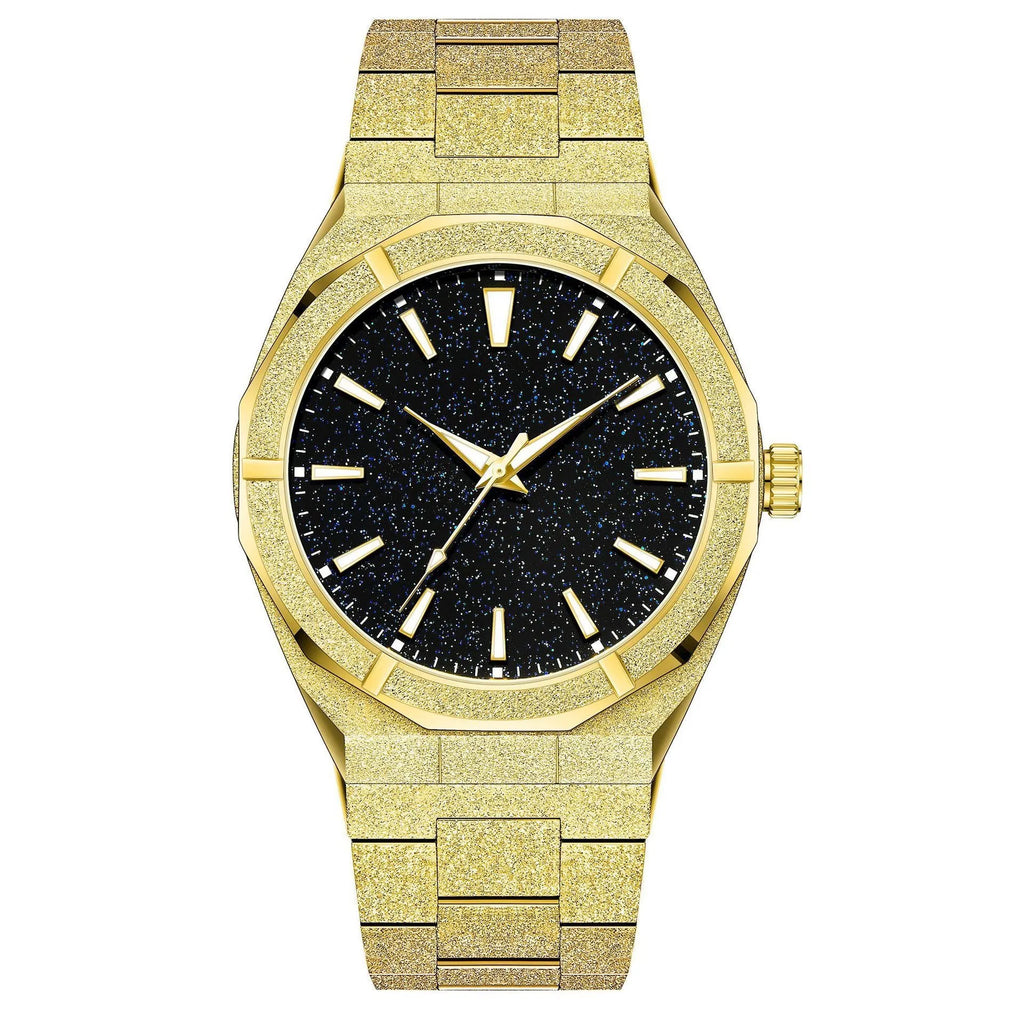Men's silver frosted stainless steel business watch with luminous dial on a black background.
