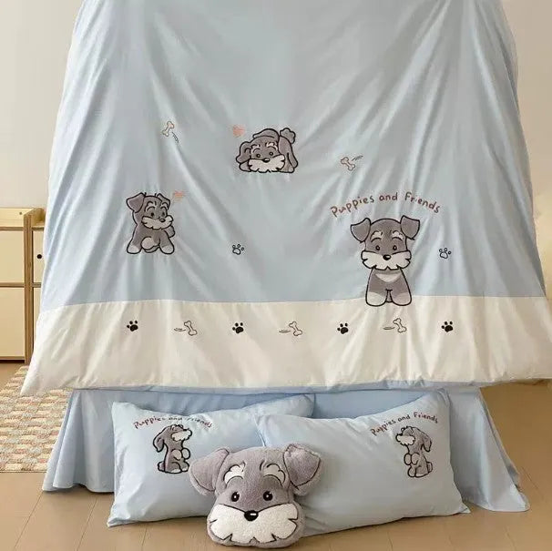 Cute Schnauzer cartoon embroidered bedding set with quilt cover, sheet, and pillowcases on bed