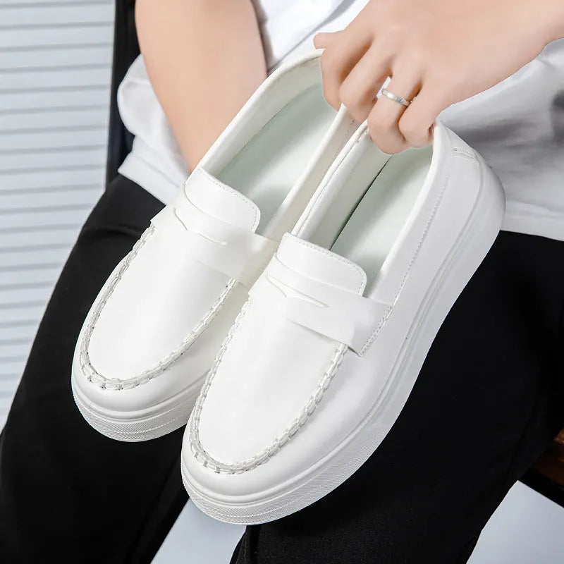 Men's casual leather slip-on shoes with round toe in black and white, khaki, or white options