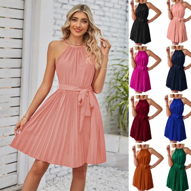 Women's halter strapless chiffon dress with pleated skirt and adjustable waist tie in multiple colour options