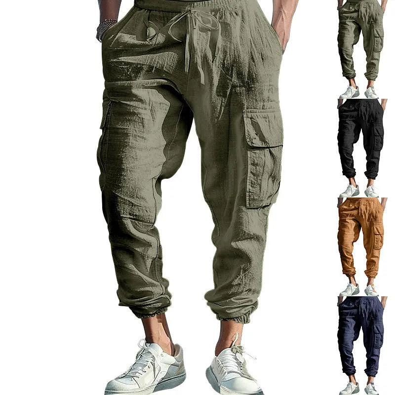 Men's linen cargo trousers with multi-pocket design in army green, black, navy blue, and yellowish brown