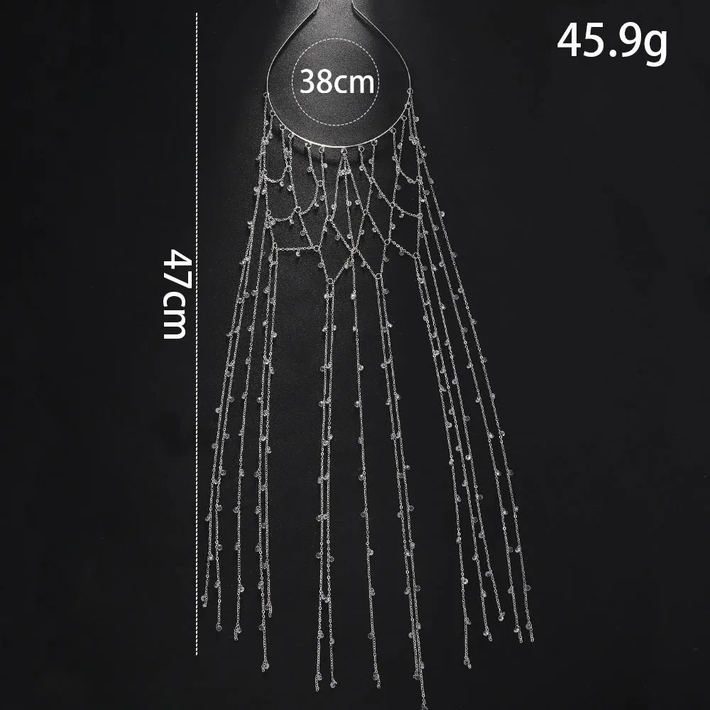 Gold electroplated mesh headband with clear rhinestones and dangling metallic tassels