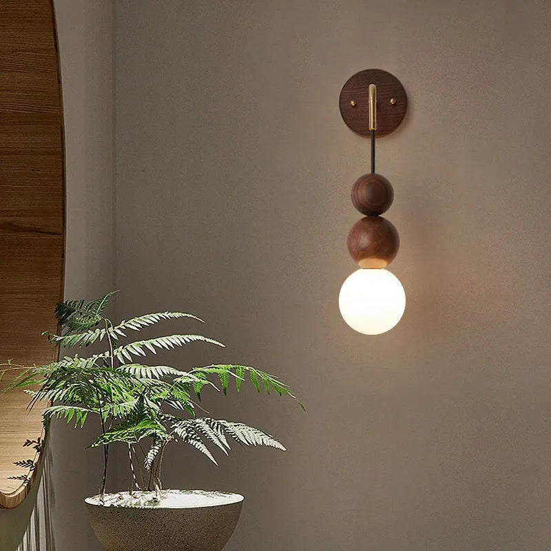 Wood and copper wall lamp with circular shade for living room or bedroom lighting