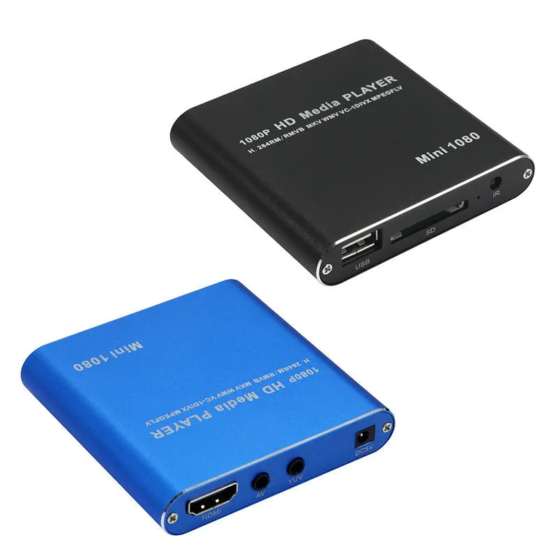 Compact black HDMI media player with USB port and remote control for 1080P video playback