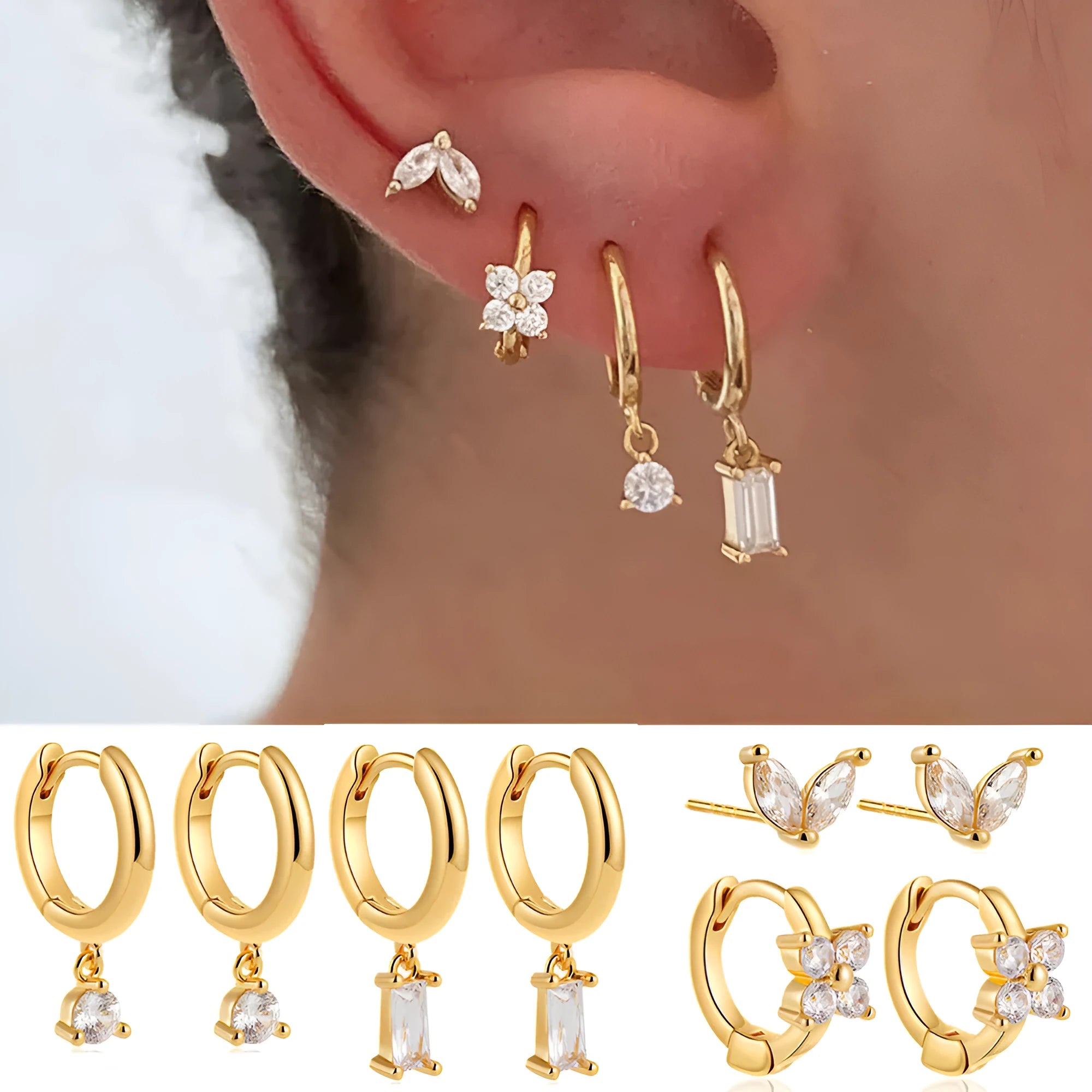 Women's geometric square earrings four-piece set with zircon detailing in gold or silver electroplated finishes