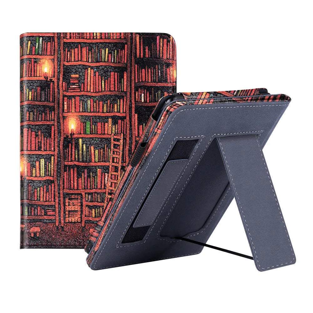 Kindle Paperwhite leather case with wrist splint bracket attached, showing calf leather exterior and microfiber interior