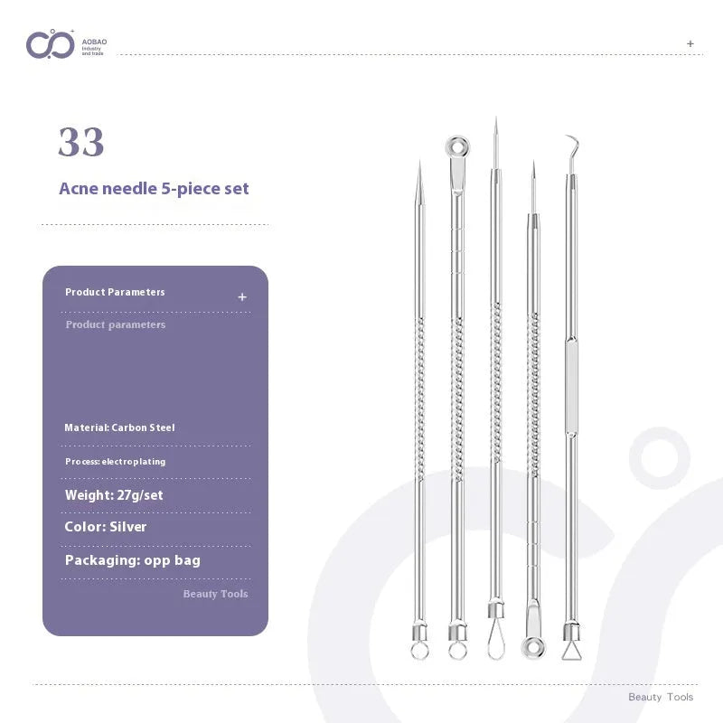 Four silver metal acne needles and a handling clip laid out on a clean surface.
