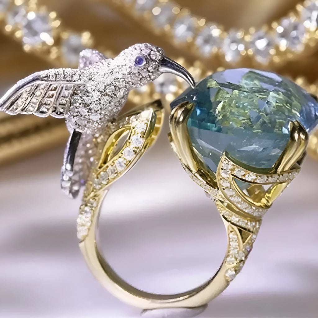 Ocean blue topaz hummingbird open ring with real gold colour adjustable brass band