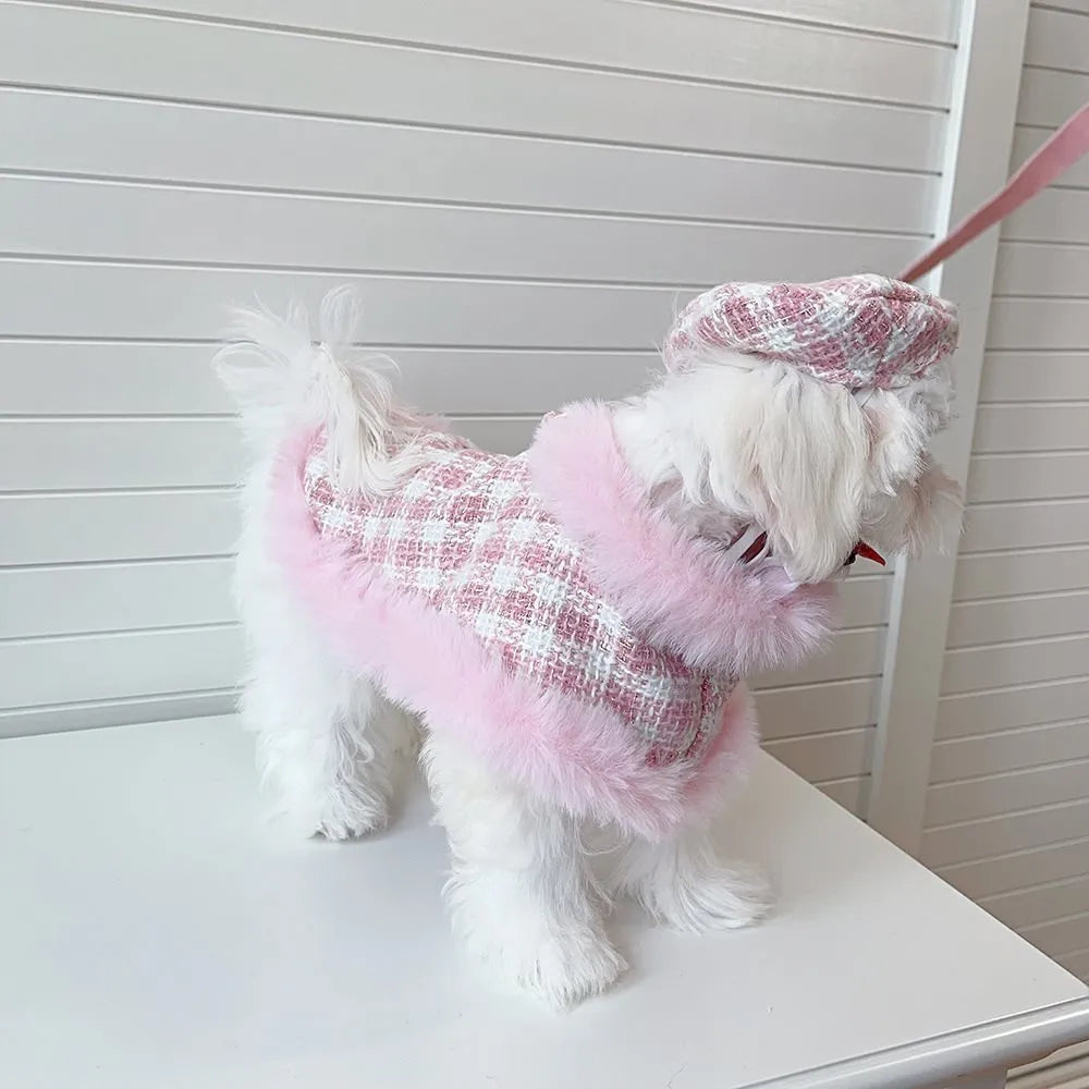 Pink cat costume set with beret and cloak for female cats