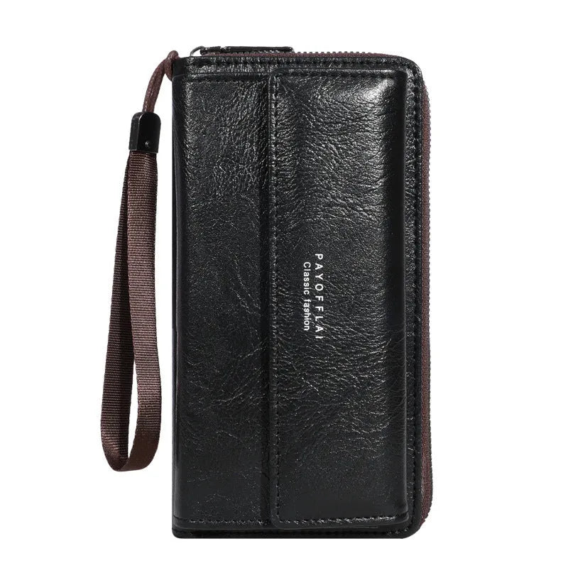 Men's black PU leather long wallet with multiple card slots showing dimensions