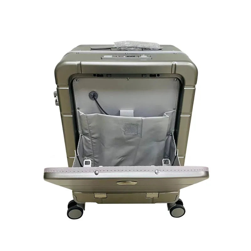 20-inch front opening hard-shell suitcase in black showing wet-dry separation compartment and universal wheels.