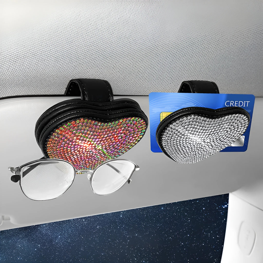 PU leather car sun visor clip with diamond accents and magnetic closure measuring 8.0cm by 7.3cm