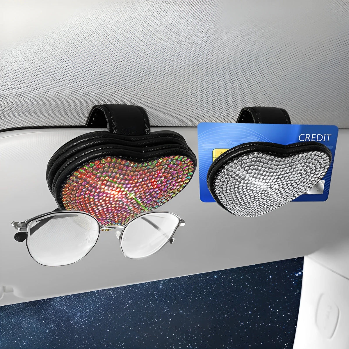 PU leather car sun visor clip with diamond accents and magnetic closure measuring 8.0cm by 7.3cm