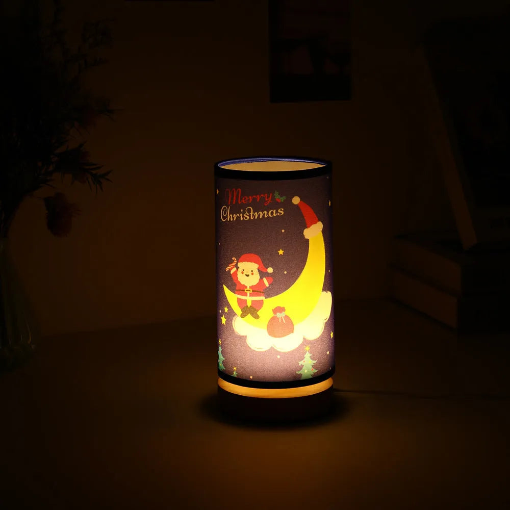 Moon Santa Claus shaped LED night light with USB plug and bamboo base.