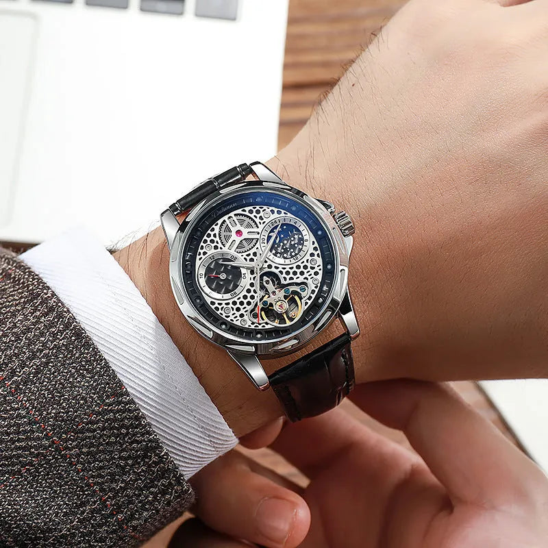Men's waterproof luminous automatic watch with steel case and black dial on leather strap