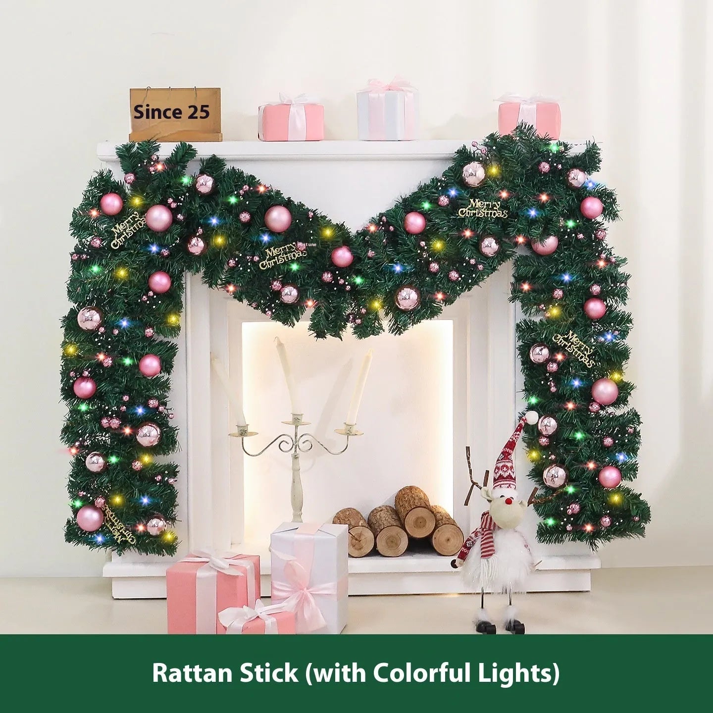 Long pink small fruit rattan Christmas garland draped over a stair bannister with optional LED lights