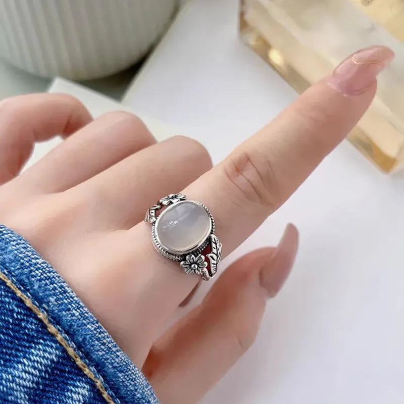 Copper vintage ring with imitation white chalcedony stone and adjustable opening