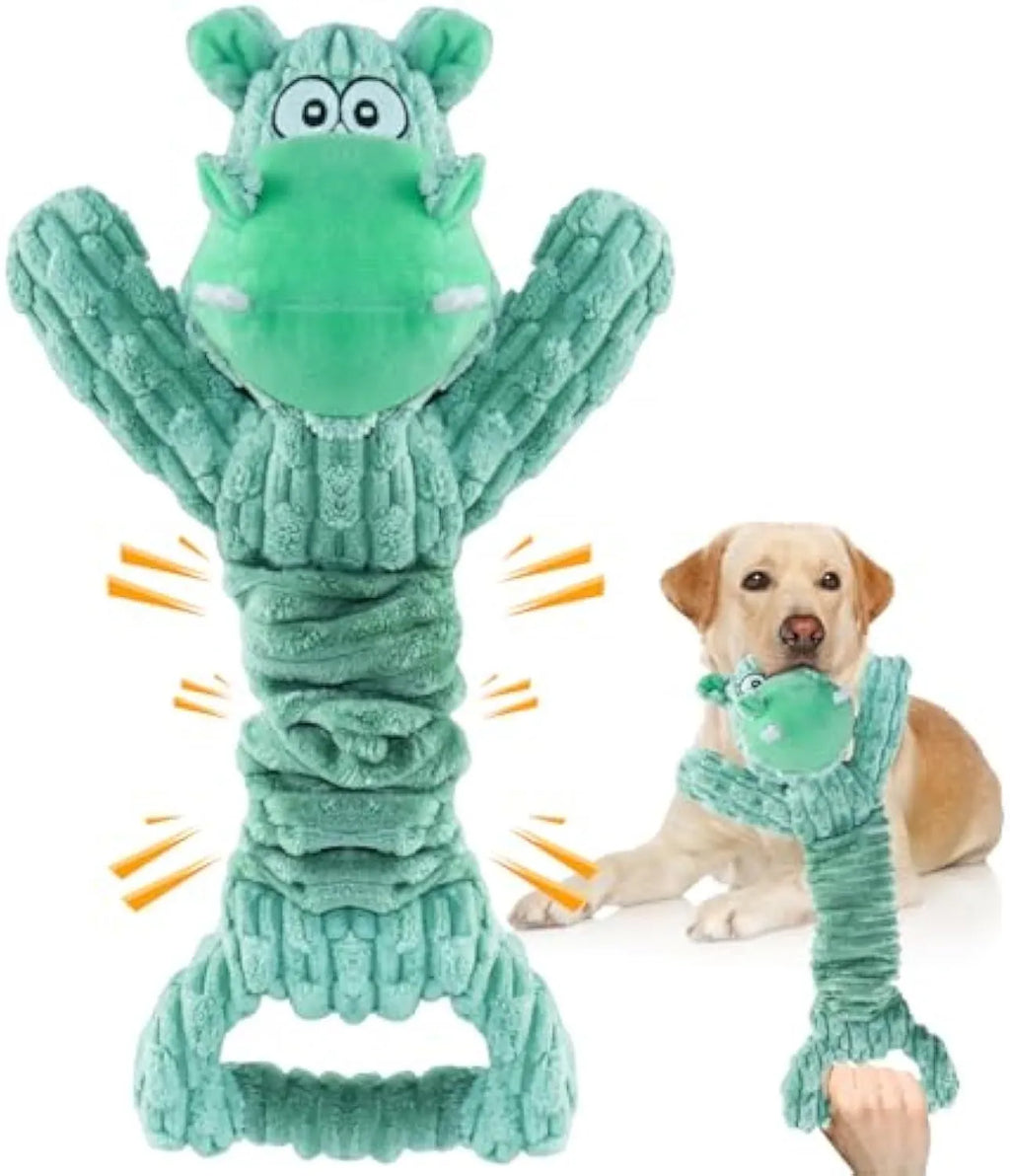Large plush hippo or monkey dog toy with a handle, shown in bright colours.