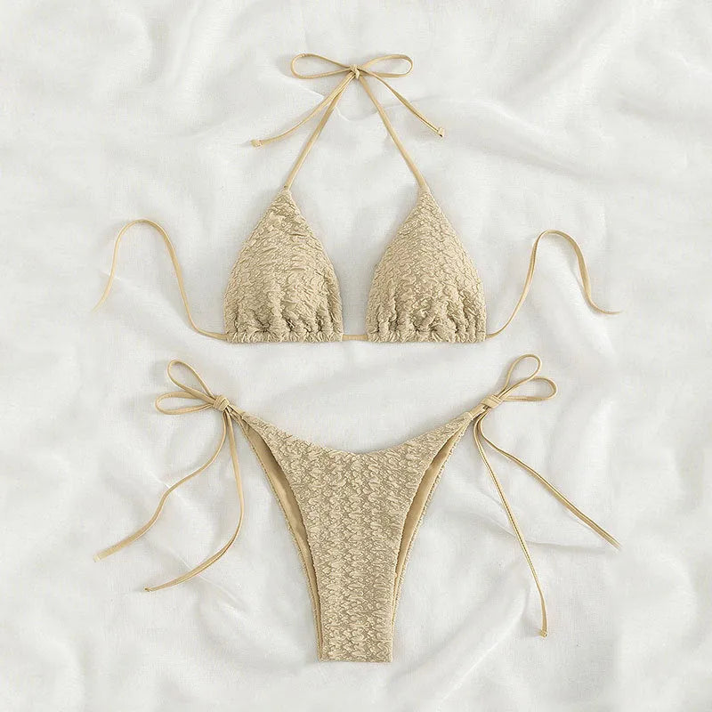 Women's high waist bikini swimsuit with side lace-up detail in khaki colour.