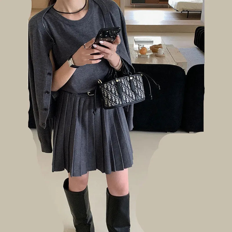 Women's grey knitted vest skirt and cardigan two-piece set with pleated art retro style