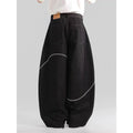Black straight-leg trousers with mid waist and zip placket closure in polyester denim fabric