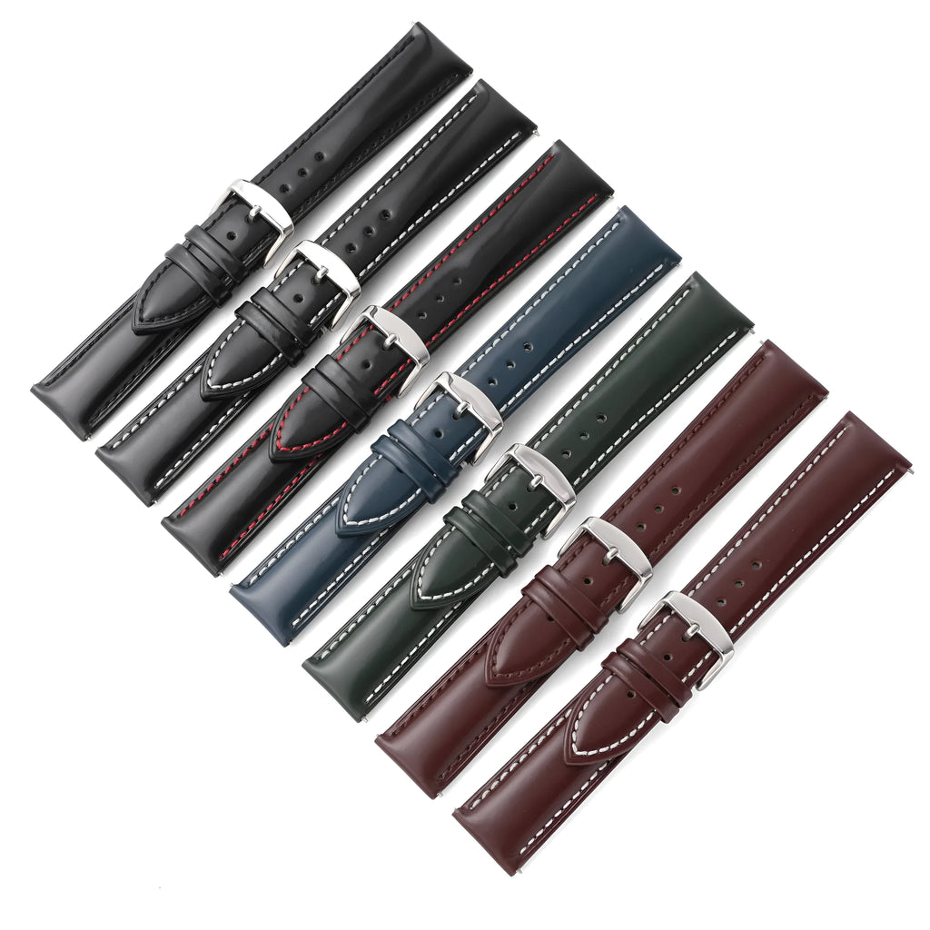 Quick release cowhide leather watch strap with stainless steel buckle in multiple colour options.
