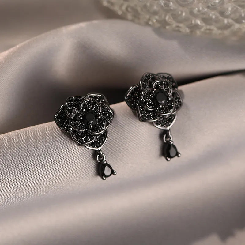 Black rose zircon flower stud earrings with electroplated 18K gold finish on copper