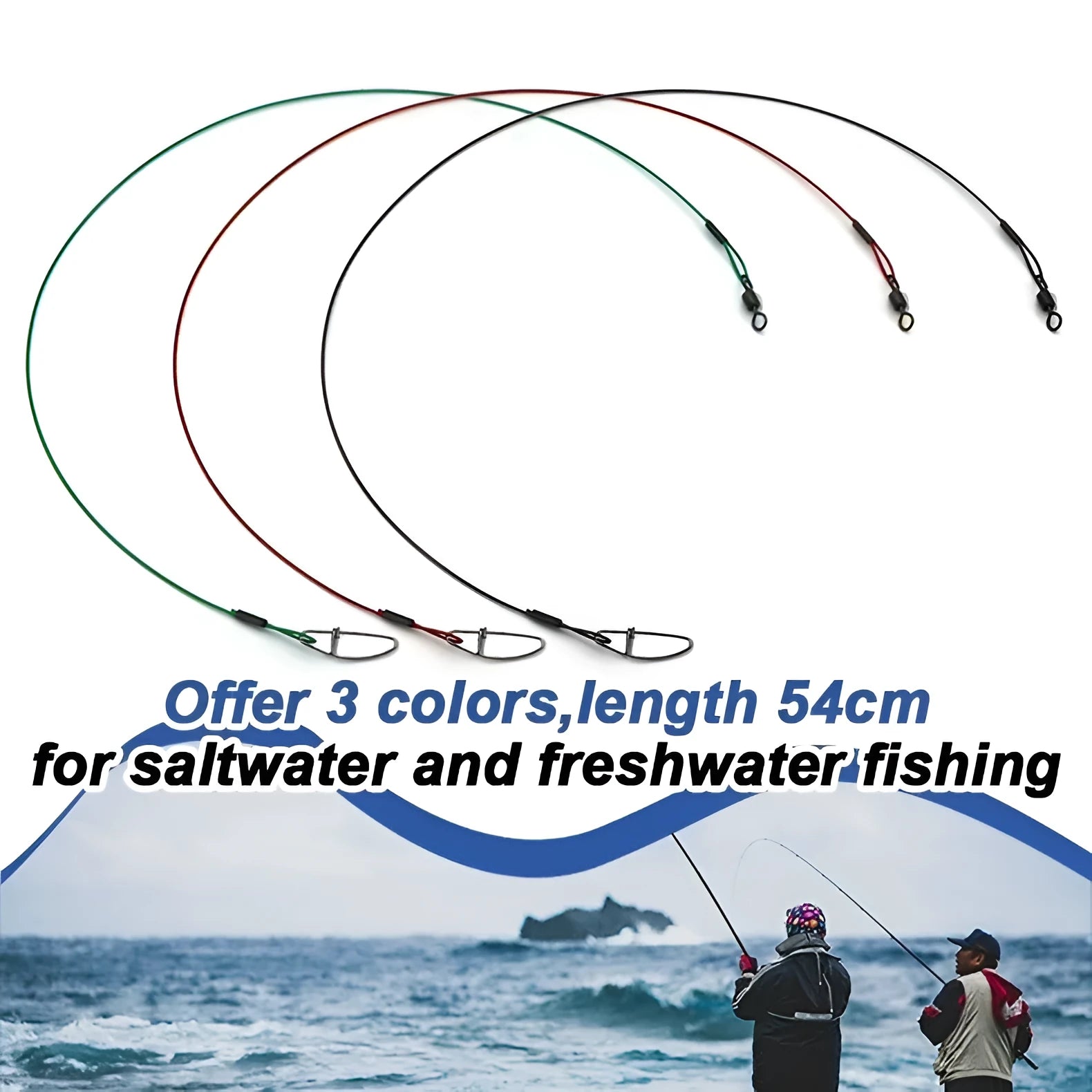 Set of ten green anti-bite steel wire fishing leaders with double buckle pins, each 54cm long.