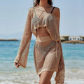 Khaki women's sun protection suit with bell sleeves and loose hollow-out design, shown as a top and skirt set.