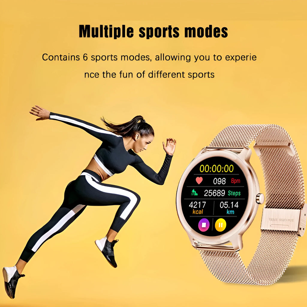 Women's silver smart watch with stainless steel mesh band and black touch screen displaying time.
