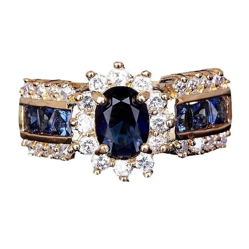 Zinc alloy ring with diamond treatment in blue and purple colour options showing unisex design
